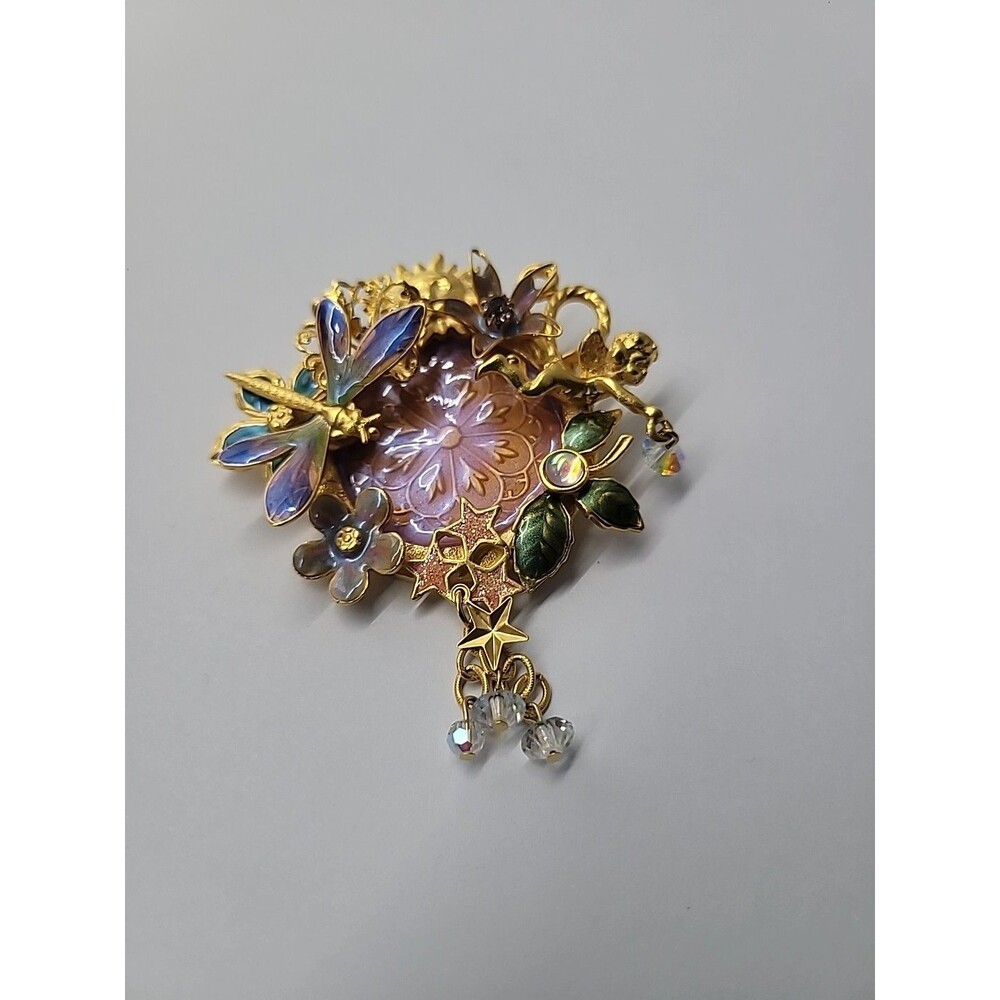 Vintage Kirks Folly Fairy Dragonfly Garden Brooch Iridescent Medallion Retired - Picture 12 of 16